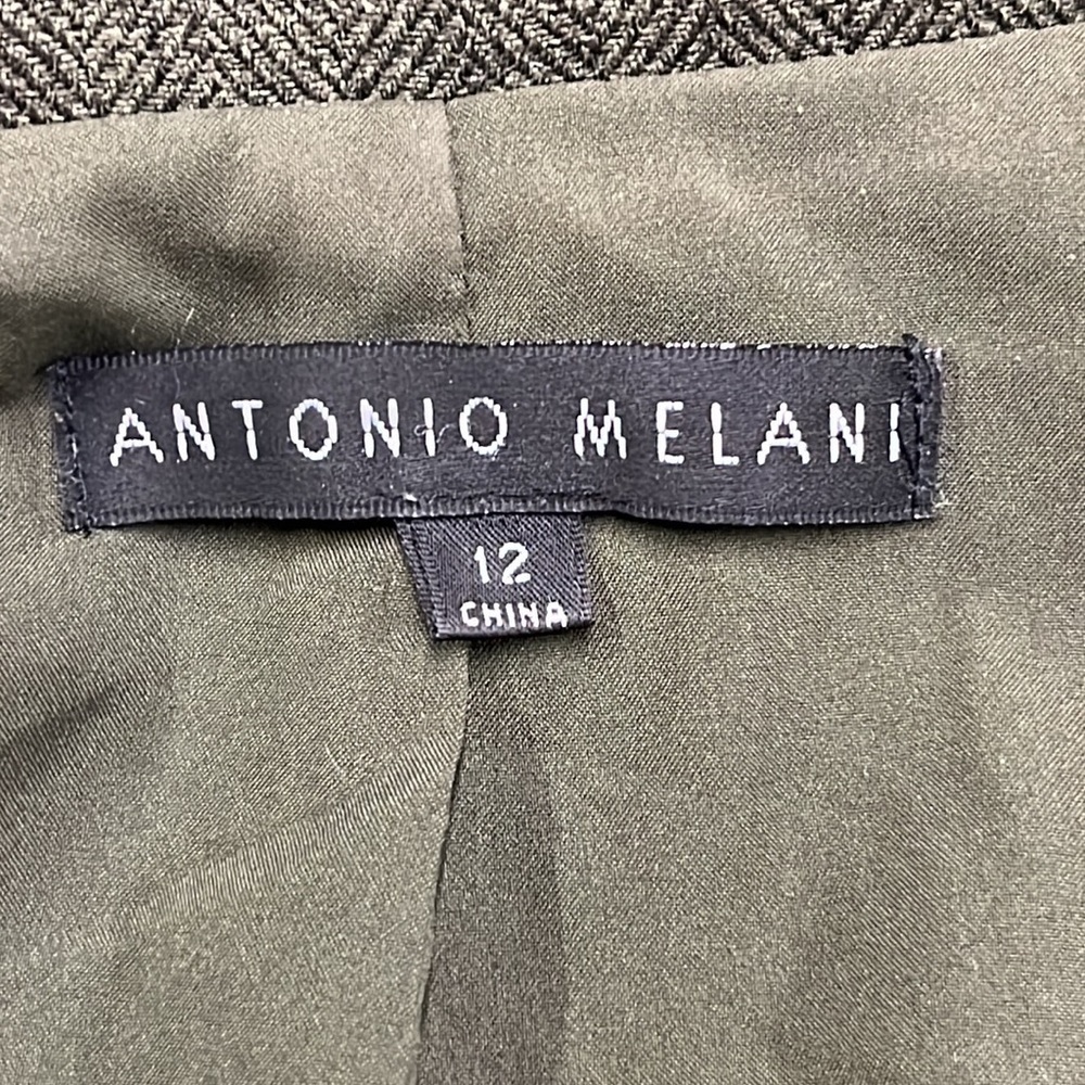 ANTONIO MELANI Career Olive Fitted Subtle Herringbone Blazer Collar Detail SZ 12 - Picture 4 of 16